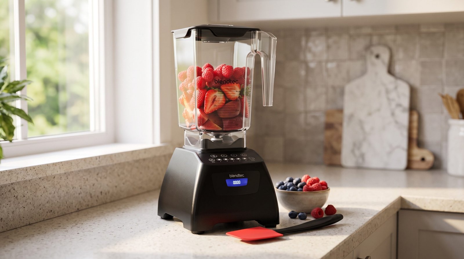 Blendtec Classic 575 blender review: black blender jar full of strawberries and raspberries beside a red spatula