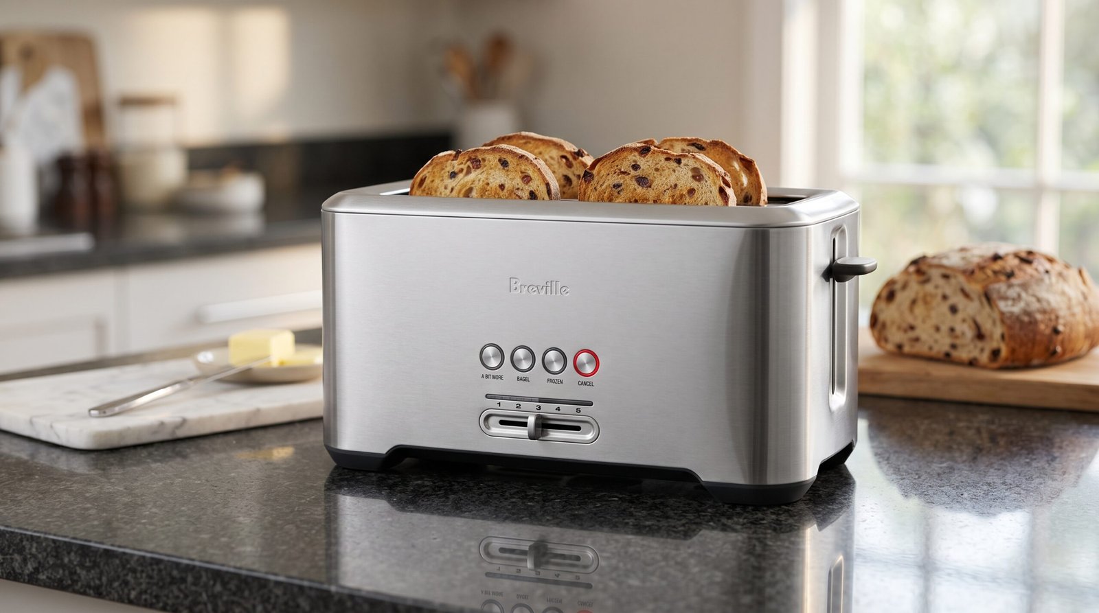 Breville Bit More toaster review: stainless steel long-slot 4-slice toaster with raisin toast on a granite counter