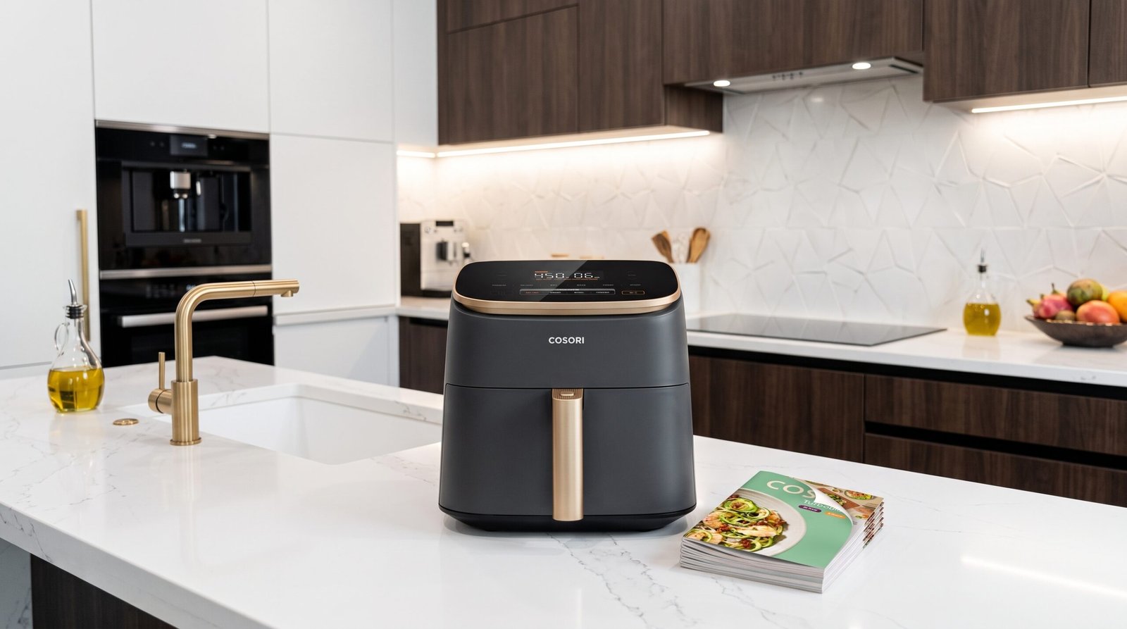 Cosori TurboBlaze air fryer review: dark gray Cosori air fryer with a copper handle on a white marble counter