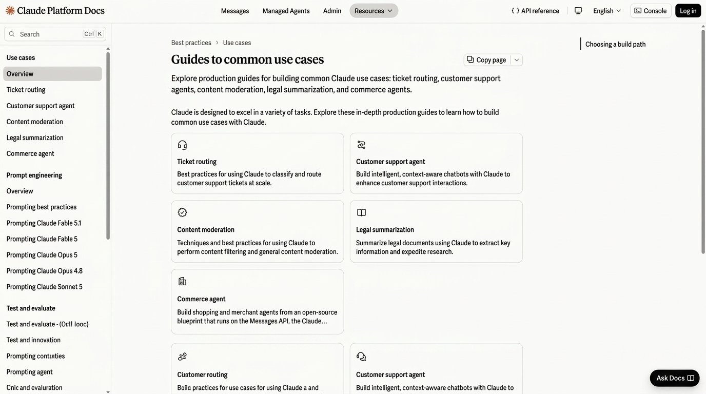 Claude AI review: Claude Platform Docs page titled Guides to common use cases with a sidebar menu and use case cards