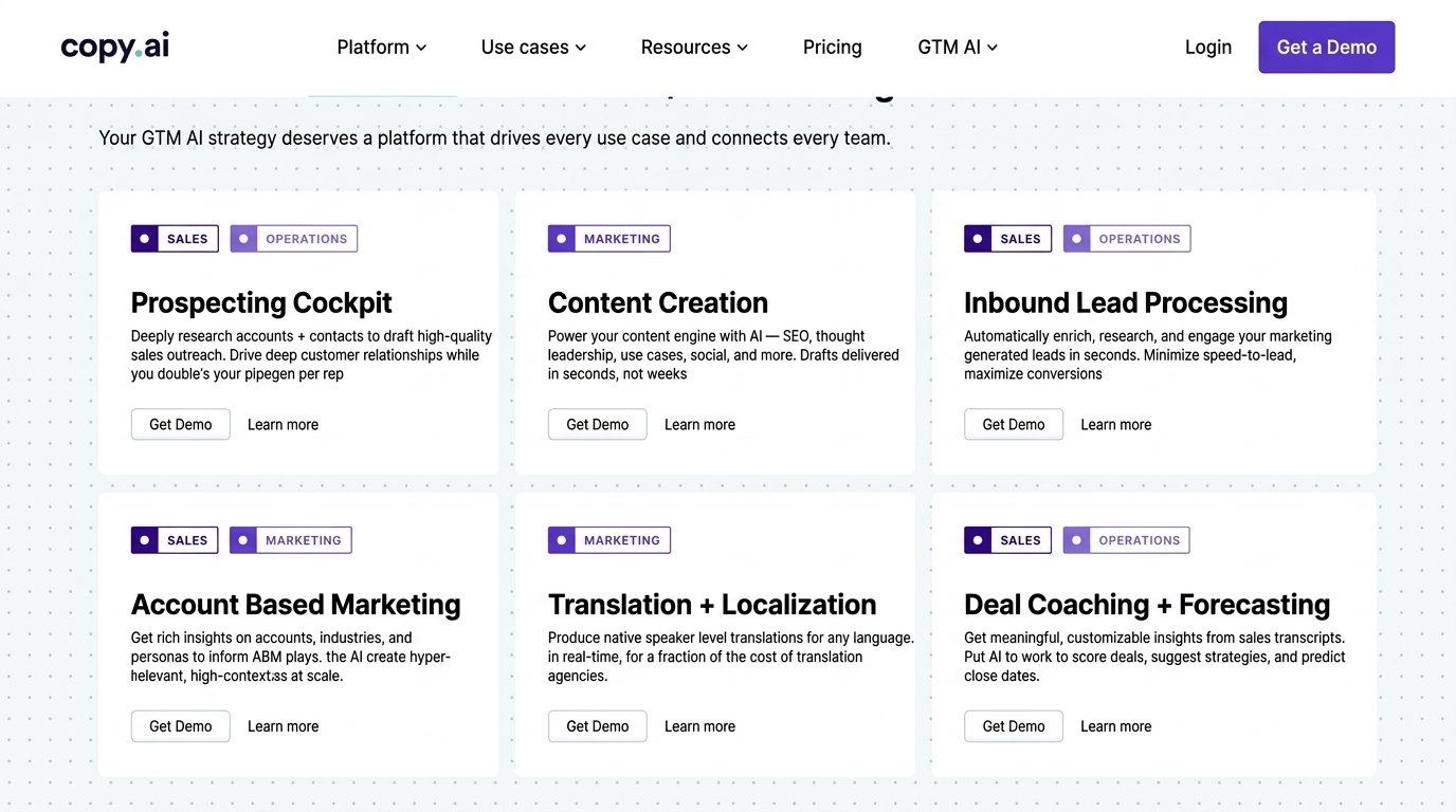 Copy.ai review: Copy.ai use case cards for prospecting, content creation, lead processing and deal coaching