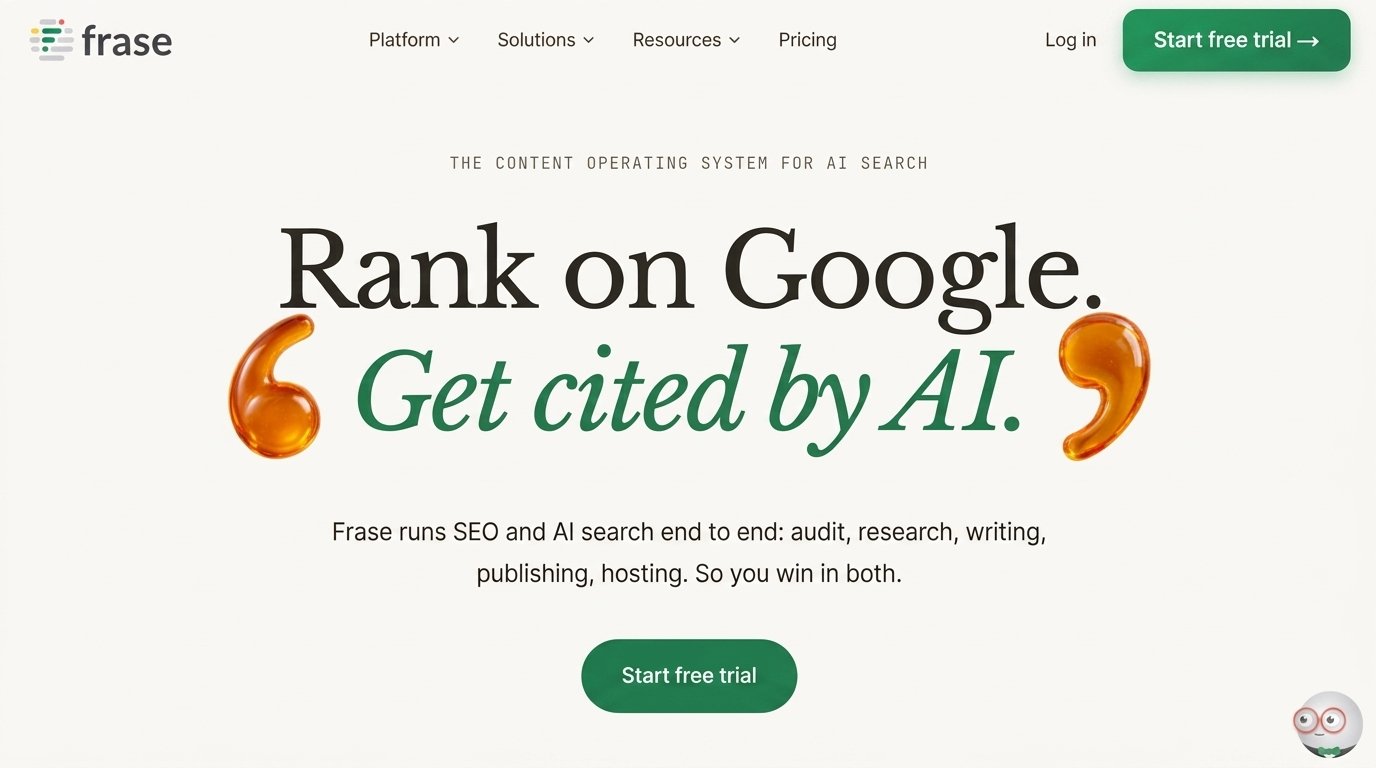 Frase review: Frase website homepage with the headline Rank on Google. Get cited by AI. and a start free trial button