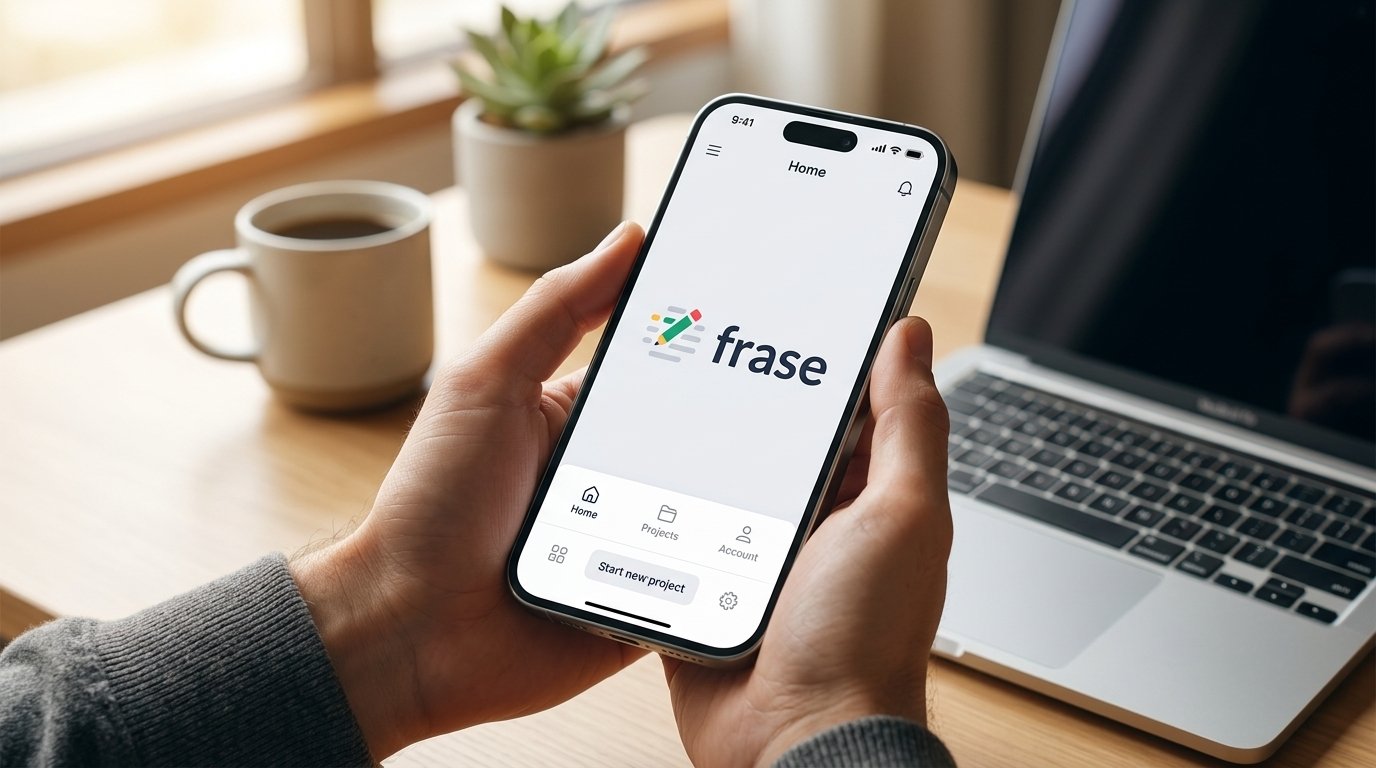 Frase review: hands holding a smartphone showing the Frase app home screen beside a laptop and coffee