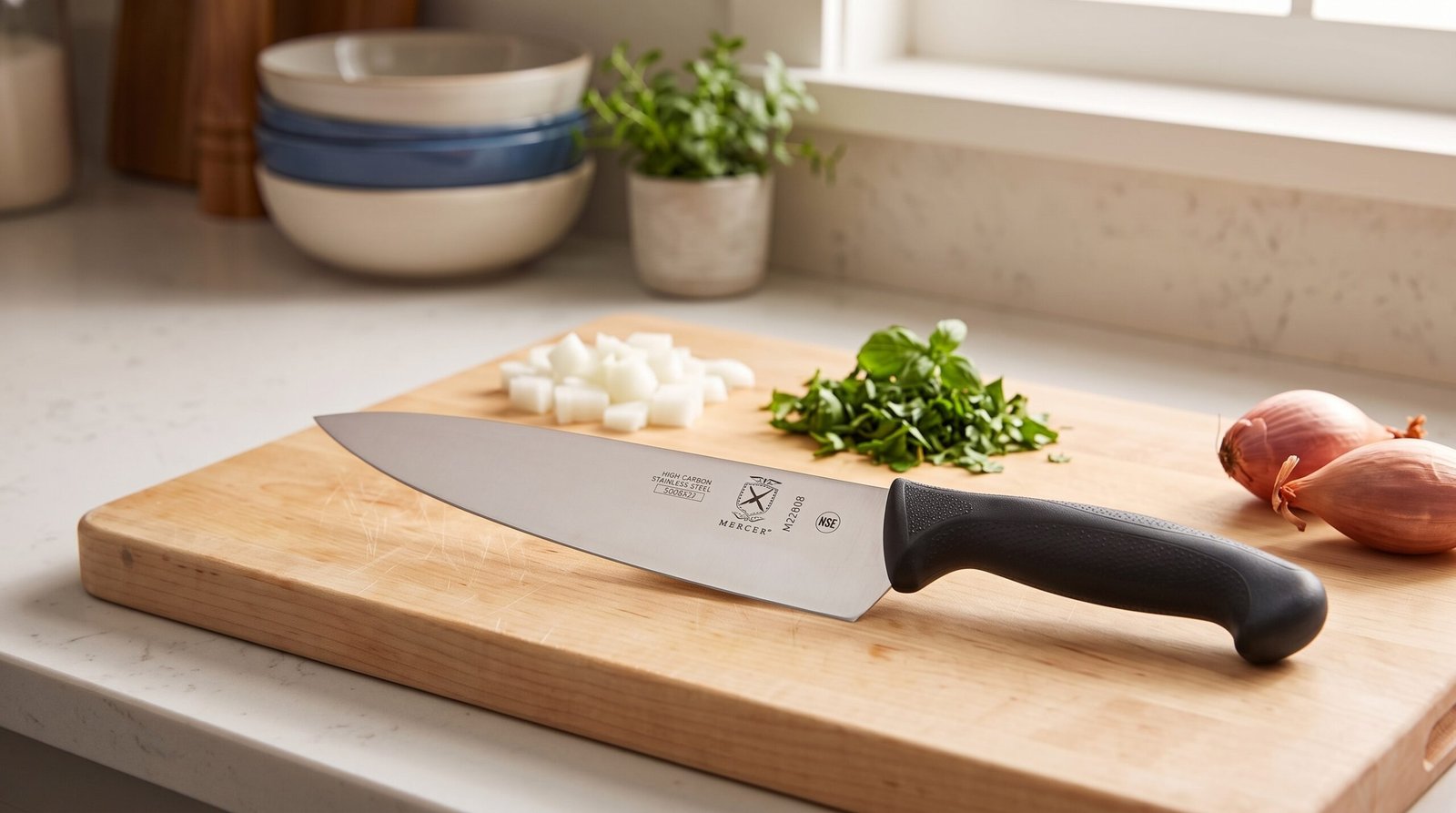 Mercer Millennia chef's knife review: black-handle Mercer chef's knife on a maple cutting board with diced onion and herbs