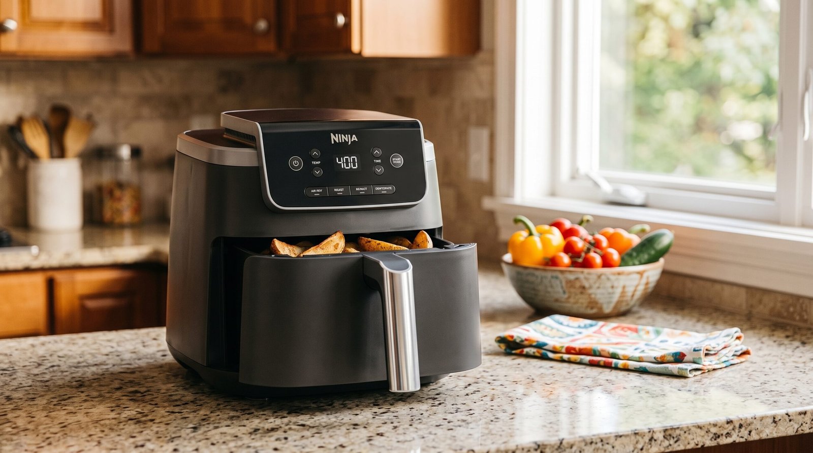 Ninja Air Fryer Pro 5 Qt review: gray Ninja air fryer with roasted potato wedges beside a bowl of vegetables