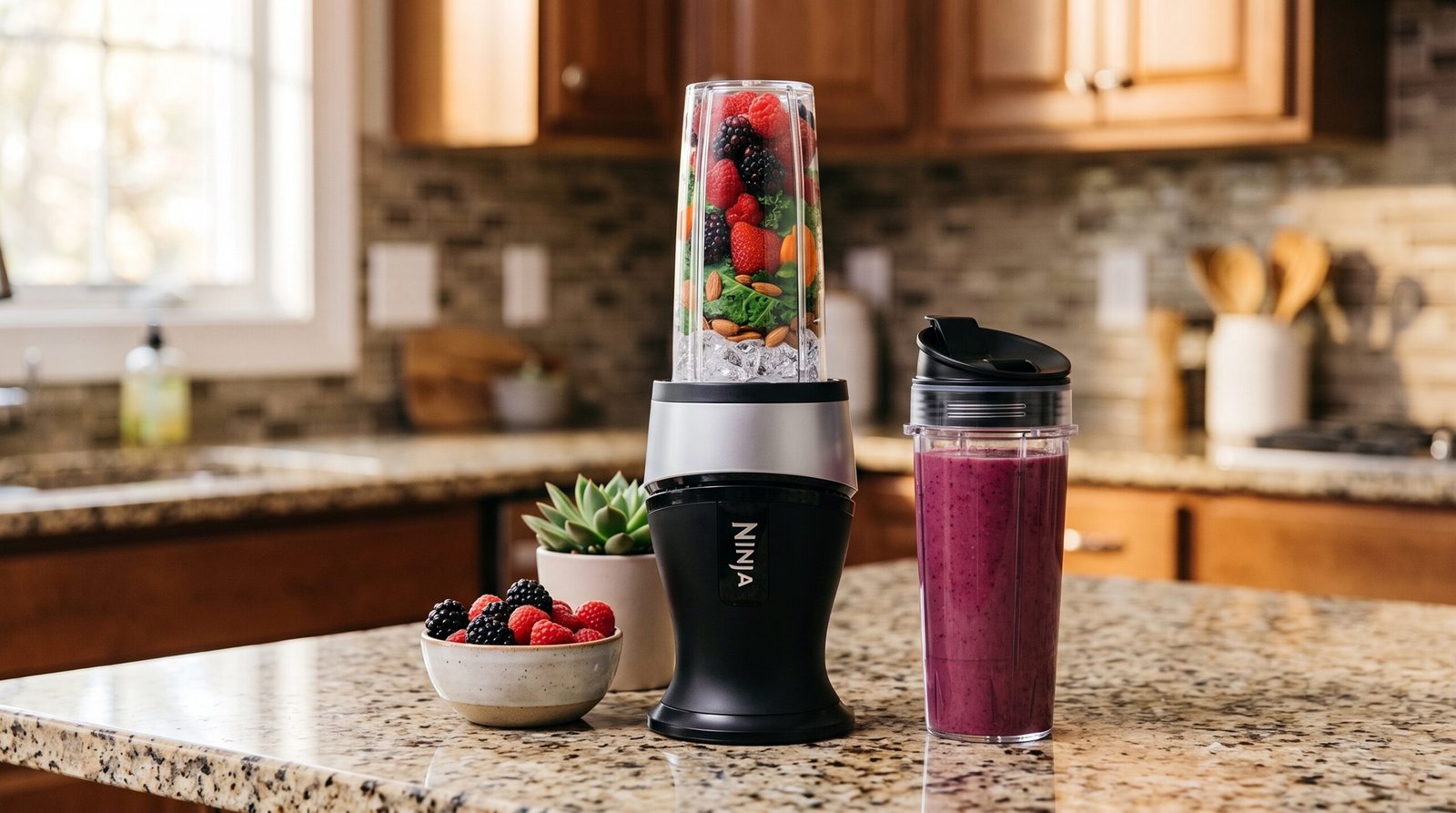Ninja Fit Compact personal blender review: blender cup with berries and almonds beside a purple smoothie in a to-go cup