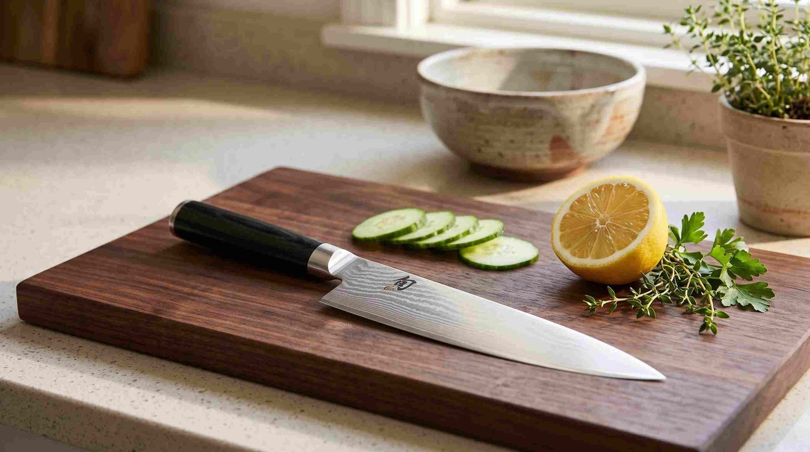Shun Classic chef's knife review: Damascus-clad Shun chef's knife on a walnut cutting board with cucumber and lemon