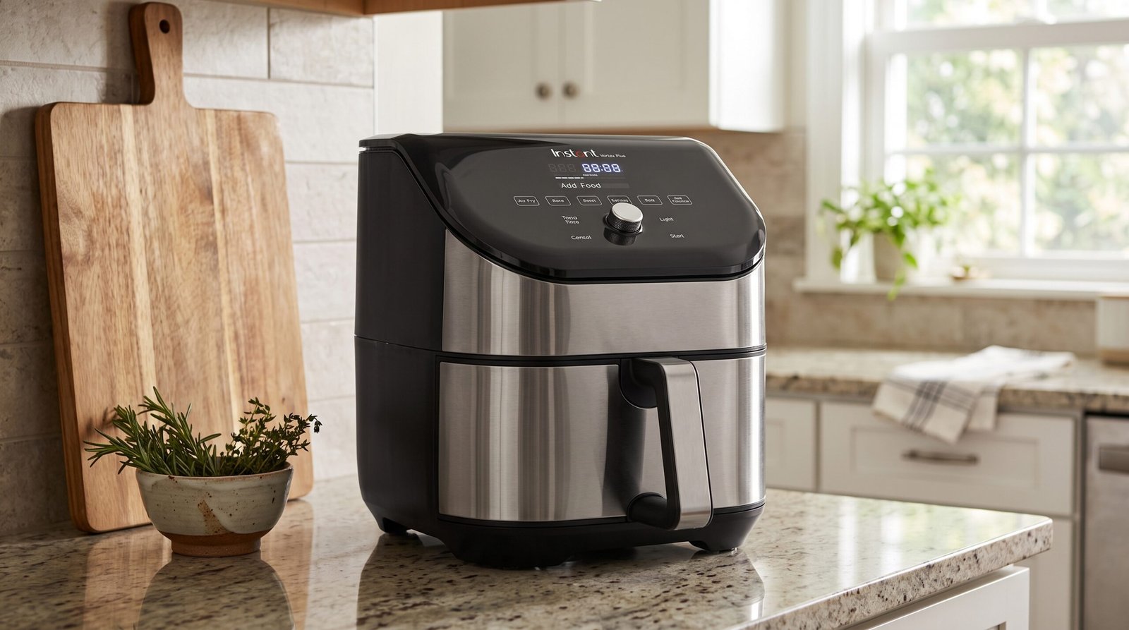 Instant Pot Vortex Plus air fryer review: black and stainless steel air fryer on a granite counter beside herbs