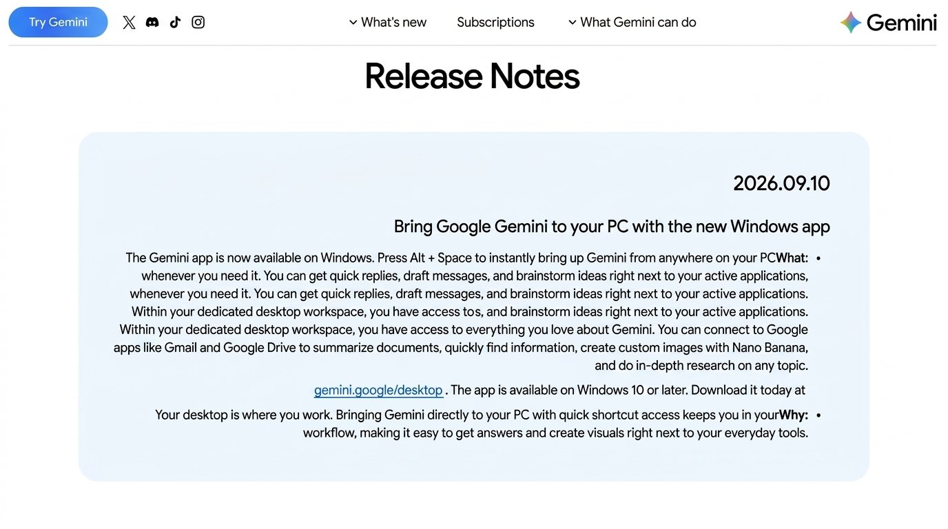 Gemini review: Gemini Release Notes page announcing the Gemini app for Windows with Alt + Space quick access