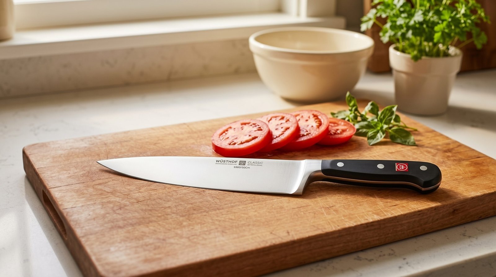 Wüsthof Classic chef's knife review: Wüsthof chef's knife with a black handle on a wooden board with sliced tomato