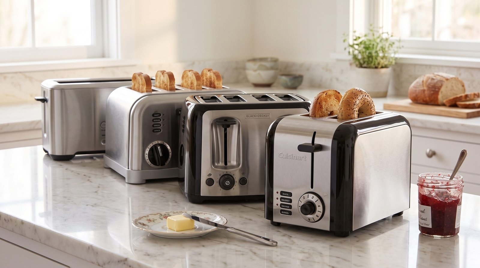 Best toasters of 2026: Cuisinart, Black+Decker and Breville toasters arranged on a marble counter with toast and a bagel