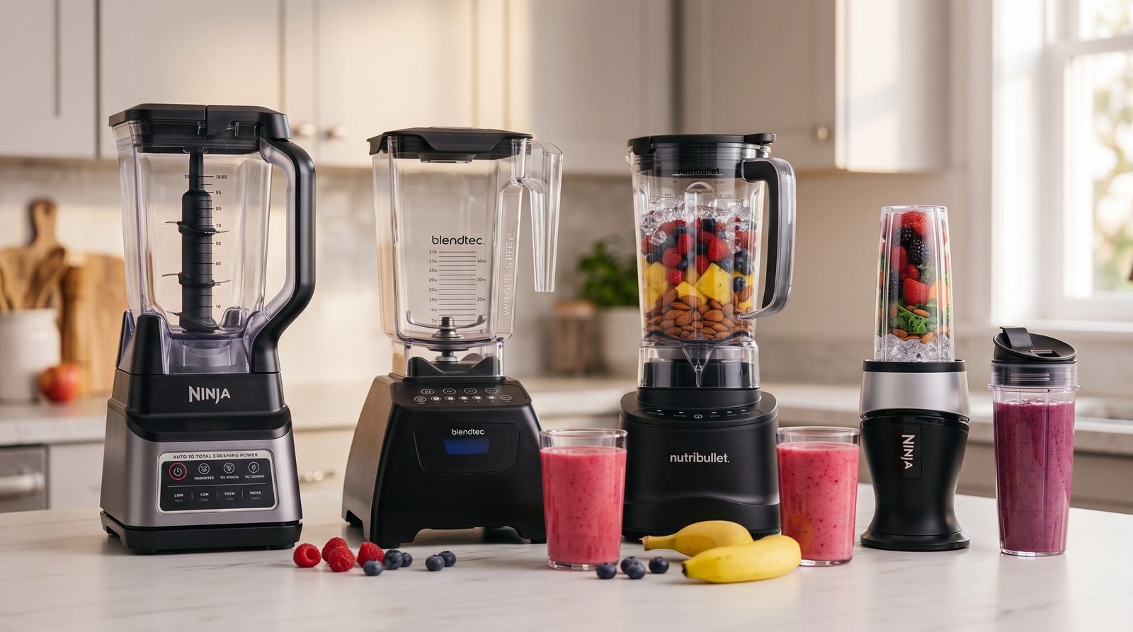Best blenders of 2026: Ninja, Blendtec and Nutribullet blenders lined up on a kitchen counter with fresh fruit smoothies