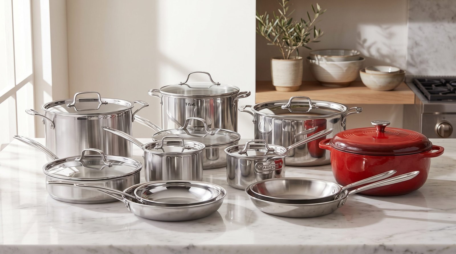 Best cookware sets for home cooks: Cuisinart, T-fal, All-Clad sets and a Lodge Dutch oven on a marble counter