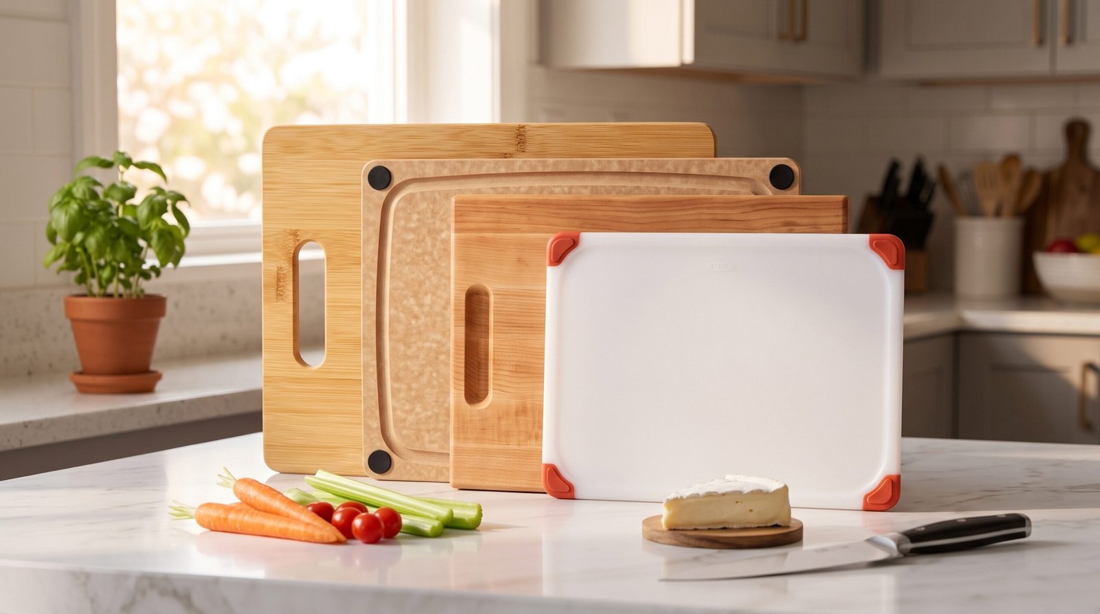 Best cutting boards of 2026: OXO, John Boos, Epicurean and Totally Bamboo cutting boards arranged on a marble counter