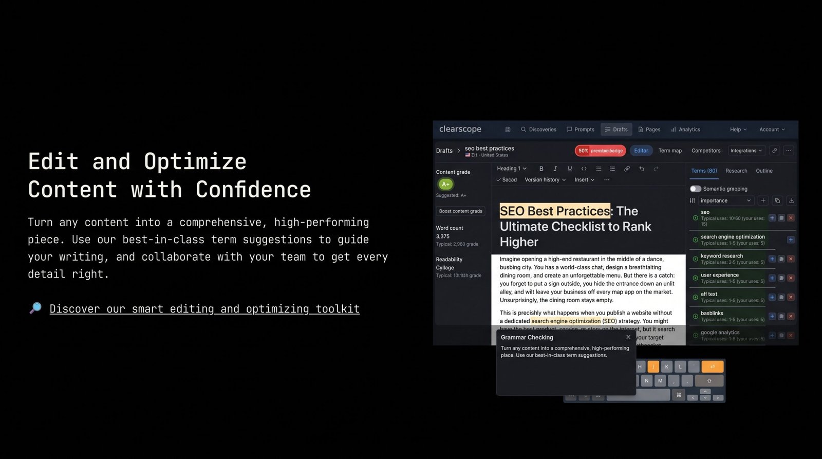 Clearscope review: Clearscope content editor showing a content grade, term suggestions and a grammar checking box