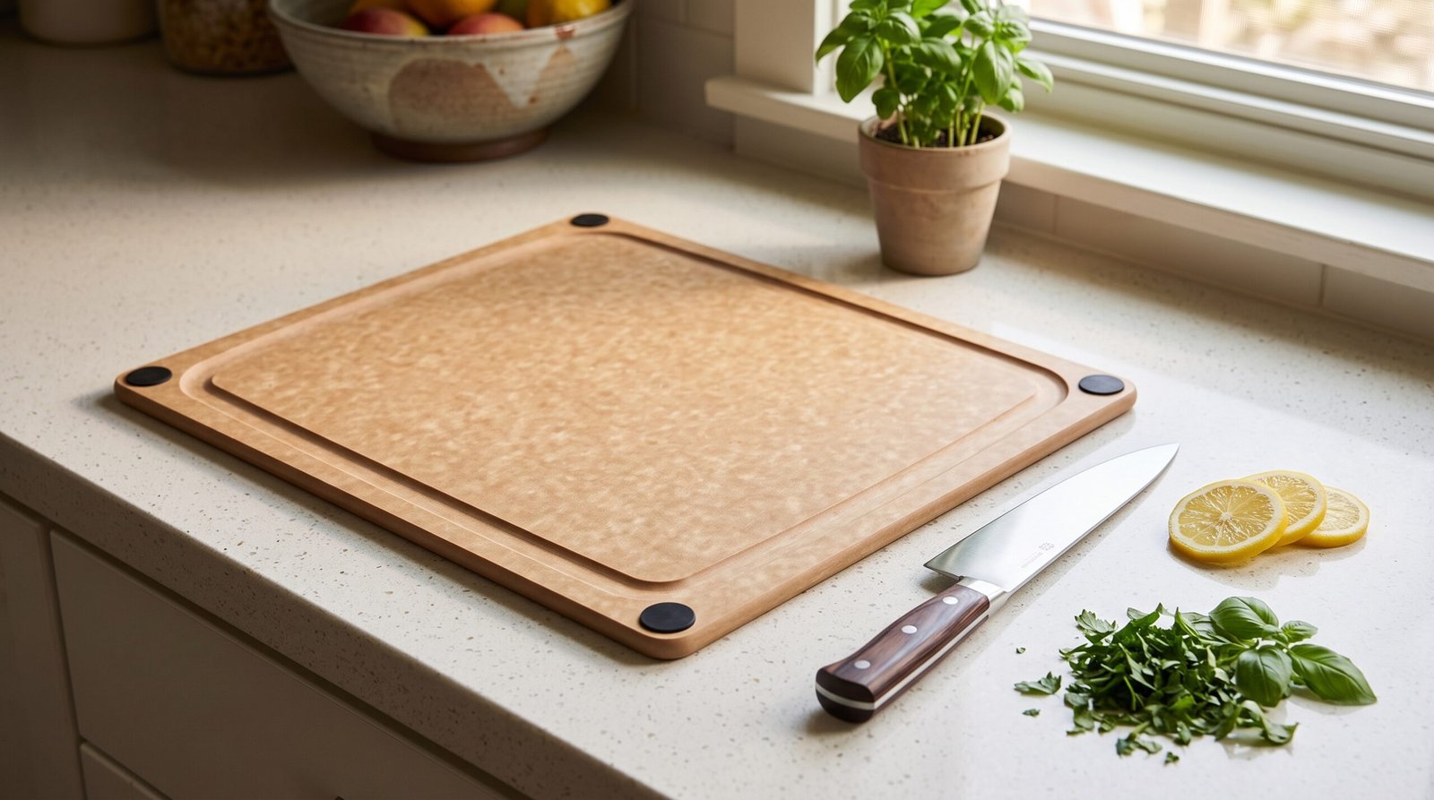 Epicurean cutting board review: thin paper composite cutting board with a juice groove beside lemon and herbs
