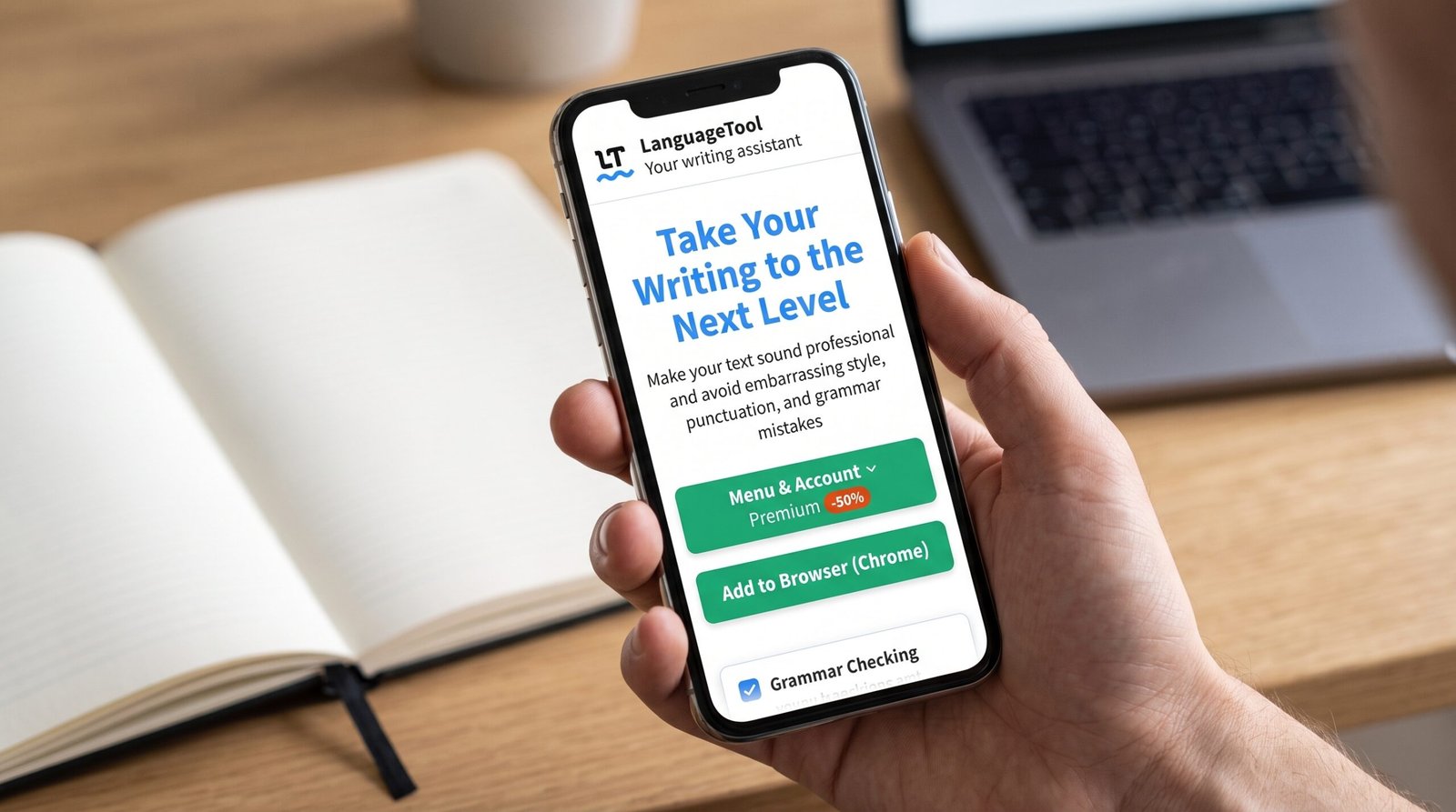 LanguageTool review: hand holding a smartphone showing the LanguageTool page Take Your Writing to the Next Level