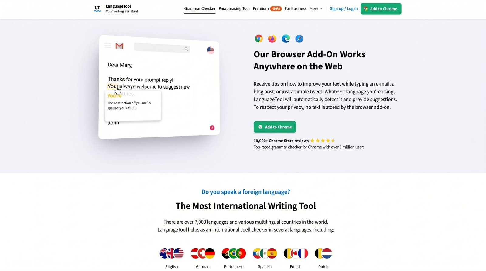 LanguageTool review: LanguageTool browser add-on page showing a grammar correction in an email and supported languages