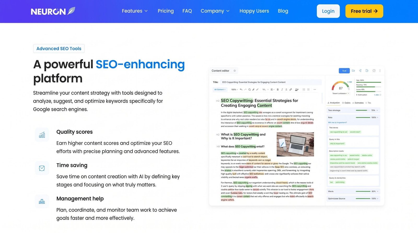 NeuronWriter review: content editor with an SEO score of 87 and features for quality scores, time saving and management