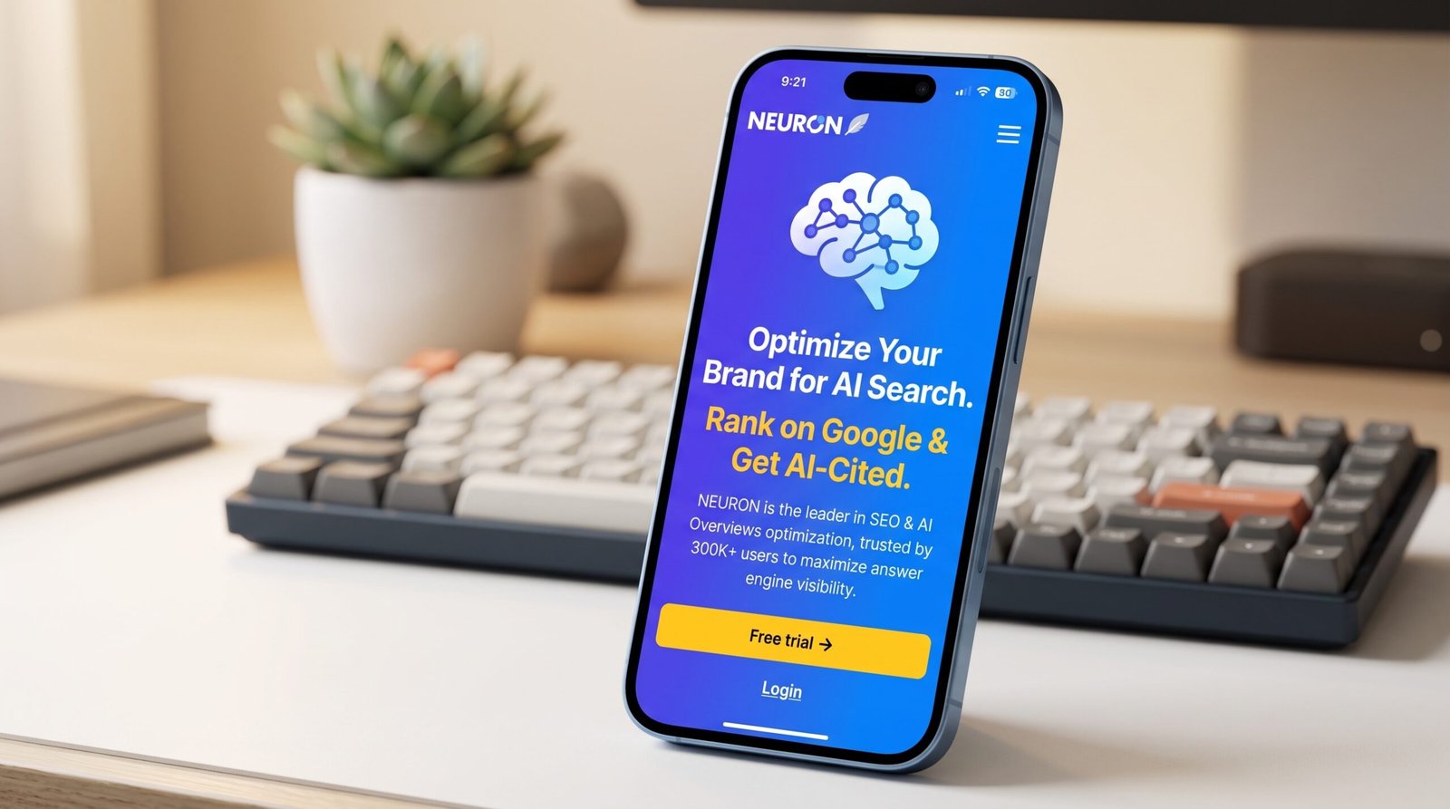 NeuronWriter review: smartphone on a desk showing NeuronWriter's homepage beside a keyboard and a plant
