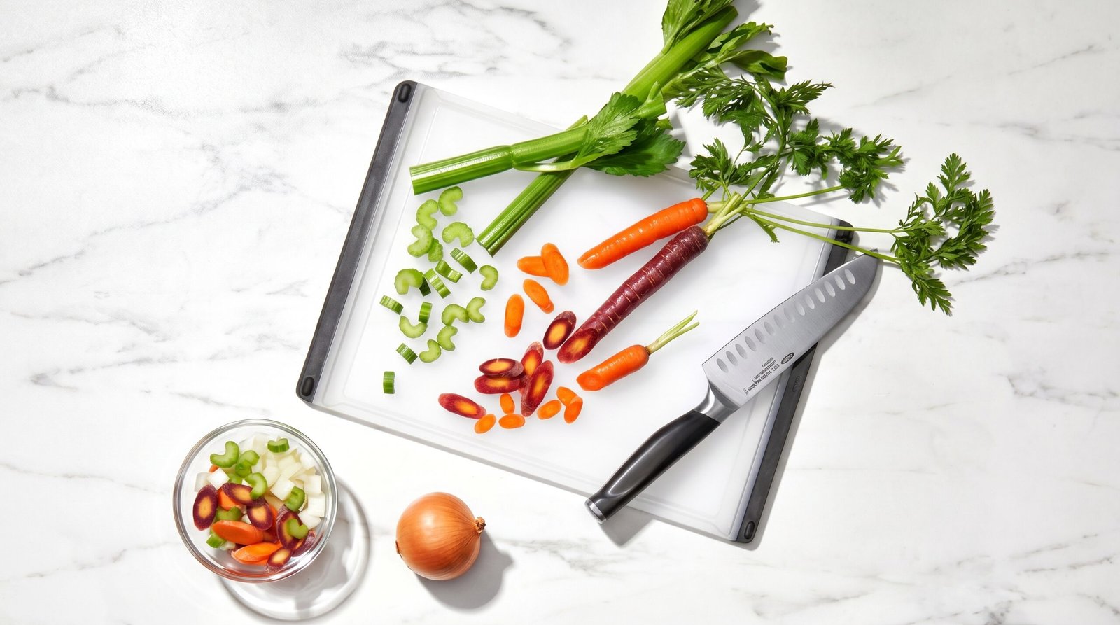 OXO utility cutting board review: white plastic cutting board with sliced carrots, celery and a santoku knife on marble