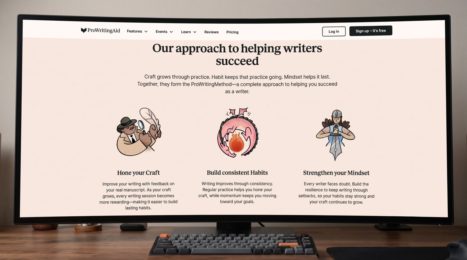 ProWritingAid review: curved monitor showing the ProWritingAid approach page with craft, habits and mindset illustrations