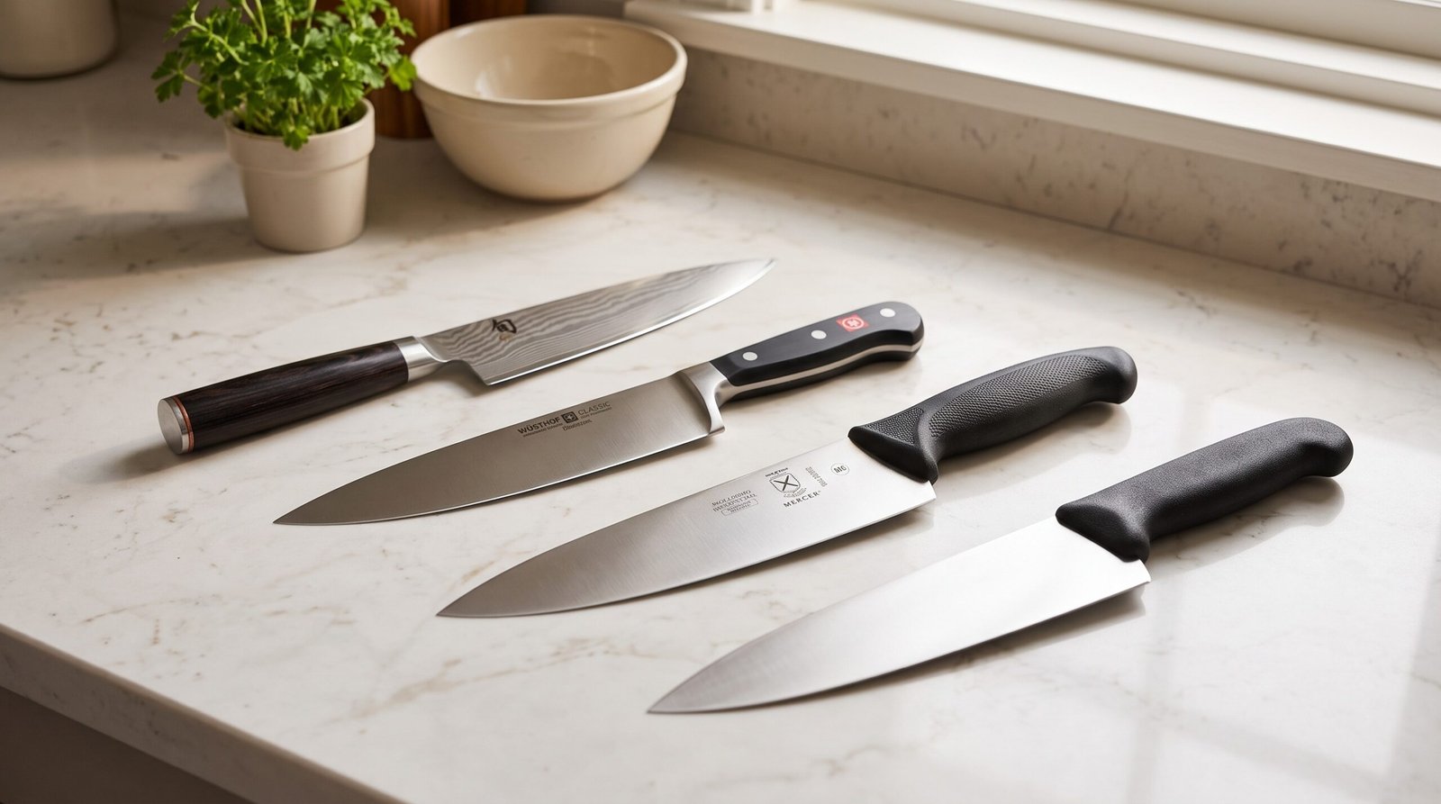 Best chef knives for home cooks: Victorinox, Mercer, Wüsthof and Shun chef's knives laid out on a light marble counter