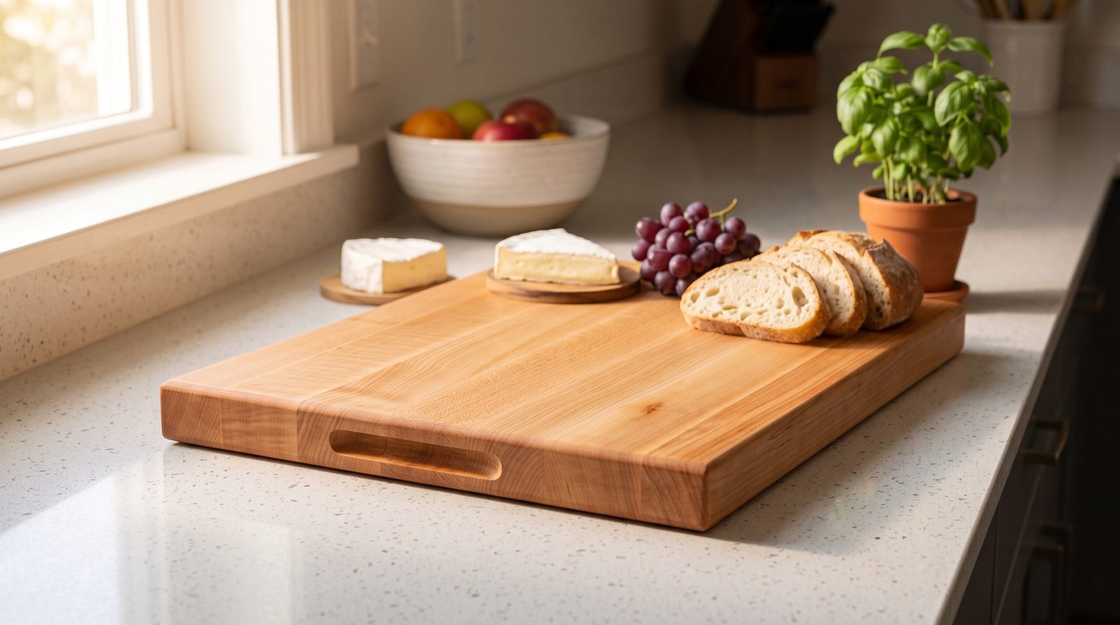 John Boos cutting board review: thick maple butcher-block cutting board with bread, cheese and grapes on a counter